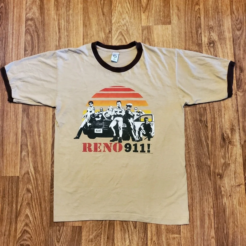 Vintage Reno 911 Shirt Men Medium Tan Ringer Comedy Central 2004